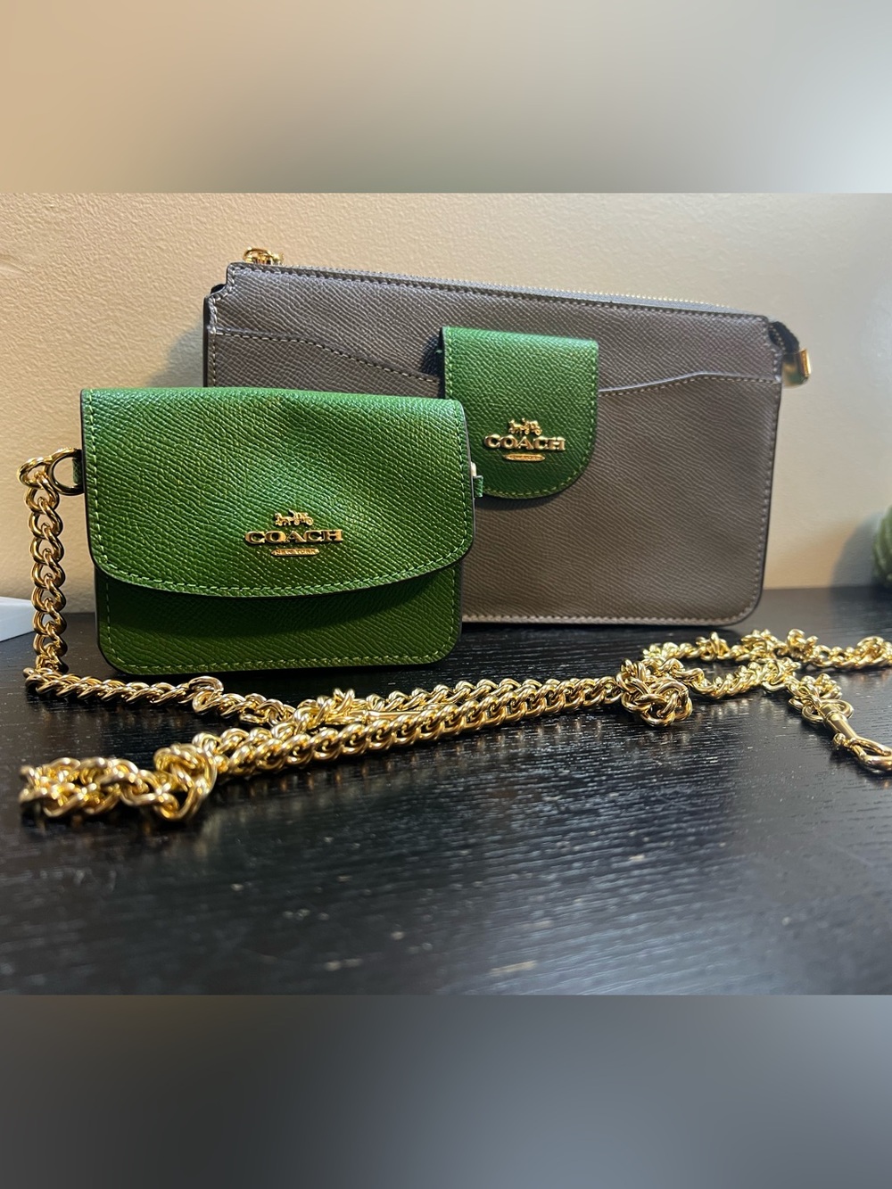 Coach Poppy Crossbody Bag set in a colorblock stone and kelly green